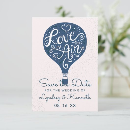 Hand Lettered Love Navy Blue Hot Air ballon Save The Date (Staand voorkant)