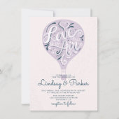 Hand Lettered Love Paars Hot Air Ballonbruiloft Kaart (Voorkant)