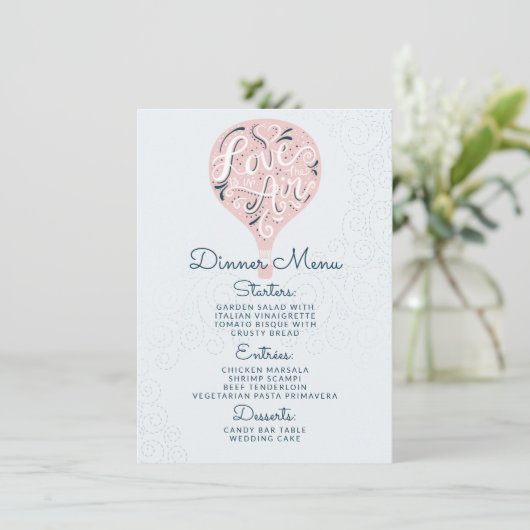 Hand Lettered Love Roze Ballon Bruiloft Diner Menu (Staand voorkant)
