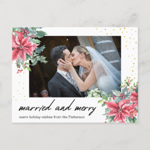 Hand Lettered Married en Merry Newly Wed Foto Feestdagenkaart
