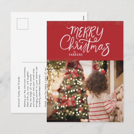 Hand Lettered Merry Christmas Red Foto Briefkaart (Voorkant / Achterkant)