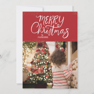Hand Lettered Merry Christmas Rode fotokaart Feestdagenkaart