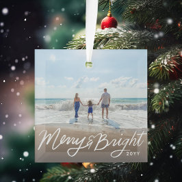 Hand Lettered Merry en Bright Holiday Foto Glas Ornament
