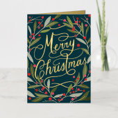 Hand Lettered Merry Kerstly California Holly Folie Feestdagenkaart (Voorkant)