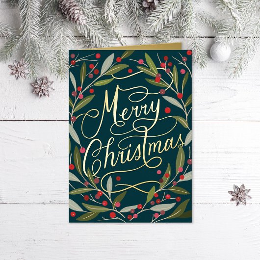 Hand Lettered Merry Kerstly California Holly Folie Feestdagenkaart