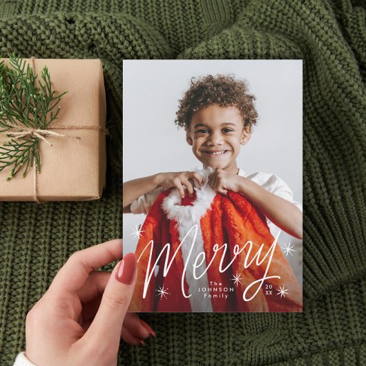Hand Lettered Merry Starry Snowflake Photo Feestdagenkaart