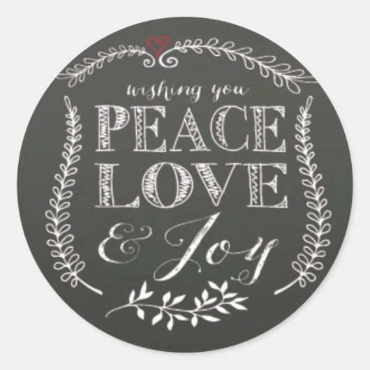 Hand lettered Peace Love Joy Chalkboard Vakantie Ronde Sticker (Voorkant)