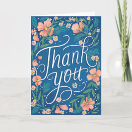 Hand-Lettered Peach Blue Floral Dank u Kaart