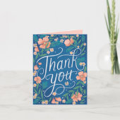 Hand Lettered Peach Blue Floral Foto Hartelijk dan Kaart (Voorkant)