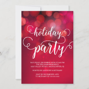 Hand Lettered Red Bokeh Lights Holiday Party Kaart