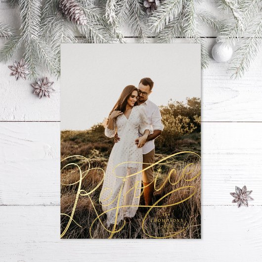 Hand-lettered Rejoice Folie Feestdagenkaart