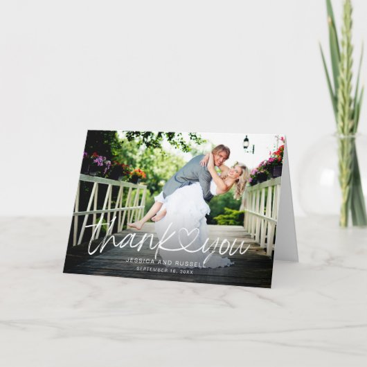 Hand Lettered Script Hart Foto's Huwelijk Bedankkaart (Voorkant)