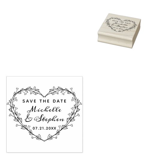 Hand Lettered Script Heart Wreath Save The Date Rubberstempel (Gestempeld)