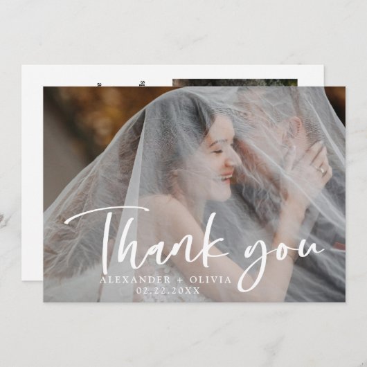Hand Lettered Script Overlay Weddenfoto Bedankkaart (Voorkant / Achterkant)