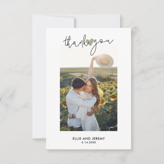 Hand Lettered Script Sage Groene Hart Bruiloft Bedankkaart (Voorkant)