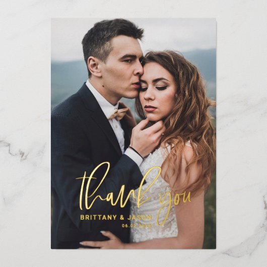 Hand Lettered Script Wedding Foto Hartelijk dank Folie Uitnodiging (Voorkant)
