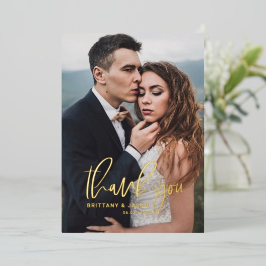 Hand Lettered Script Wedding Foto Hartelijk dank Folie Uitnodiging (Staand Voorkant)