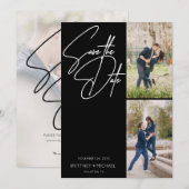 Hand Lettered Three Photo Collage Black Save The Date (Voorkant / Achterkant)
