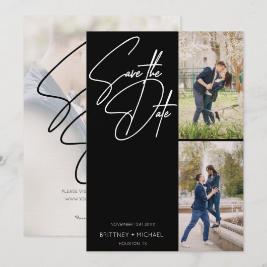 Hand Lettered Three Photo Collage Black Save The Date (Voorkant / Achterkant)
