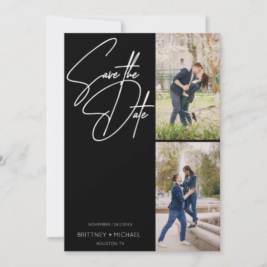 Hand Lettered Three Photo Collage Black Save The Date (Voorkant)