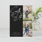 Hand Lettered Three Photo Collage Black Save The Date (Staand voorkant)