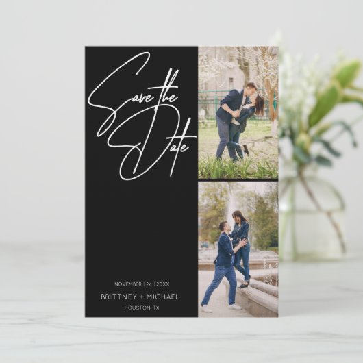 Hand Lettered Three Photo Collage Black Save The Date (Staand voorkant)