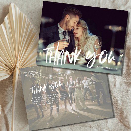 Hand Lettered Two Photo Modern Wedding Bedankt Briefkaart