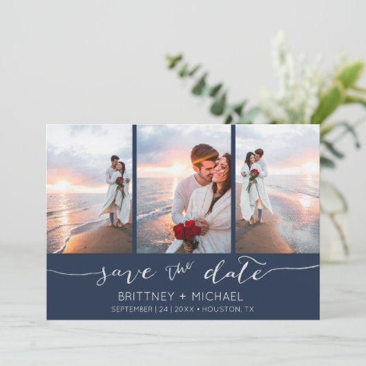 hand Letterig 3 Afbeelding marineblauw Save The Date (Staand voorkant)