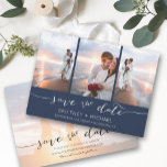 hand Letterig 3 Afbeelding marineblauw Save The Date<br><div class="desc">Kies de beste afbeeldingen uit je verloving-opname of je favoriete afbeeldingen van jullie twee voor deze perfecte bewaardatum. De woorden sparen de datum zijn handgeschreven om een persoonlijk gevoel aan de kaart te geven. De voorkant heeft 3 afbeeldingen en de achterkant heeft een groot afbeelding met een witte filter op...</div>