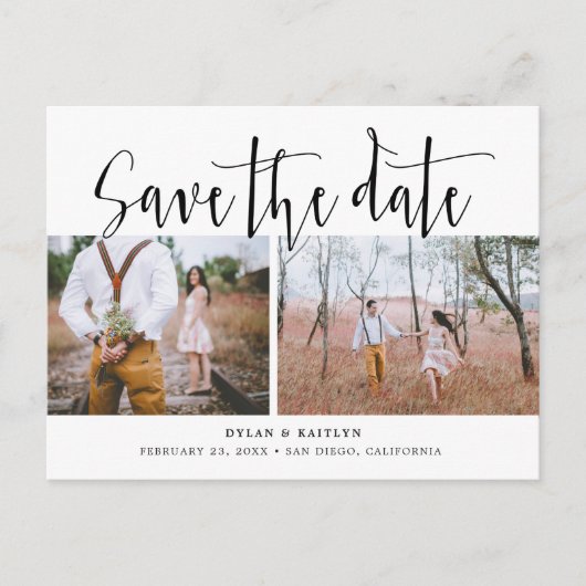 Hand Lettering Twee Foto's Save the Date Kaart (Voorkant)