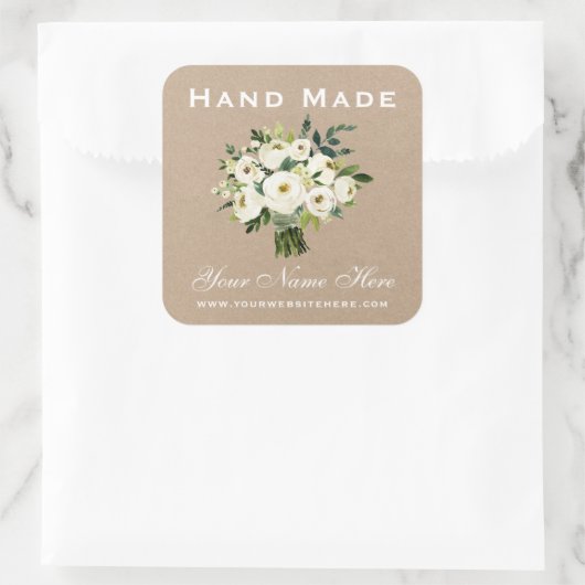 Hand Made Green Waterverf Floral Small Kraft Vierkante Sticker (Tas)
