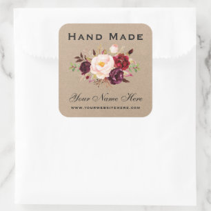 Hand Made Waterverf Floral Burgundy Kraft Small Vierkante Sticker
