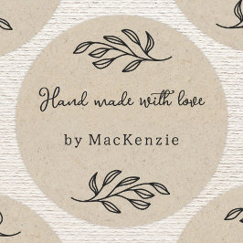 Hand Made With Love Brown Paper Botanical Leaf  Ronde Sticker