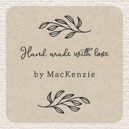 Hand Made With Love Brown Paper Botanical Leaf  Vierkante Sticker