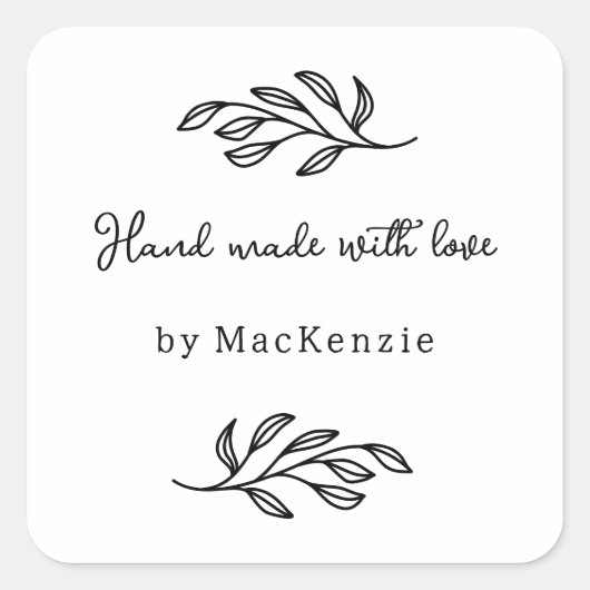 Hand Made With Love Personalized Botanical Leaf  Vierkante Sticker (Voorkant)