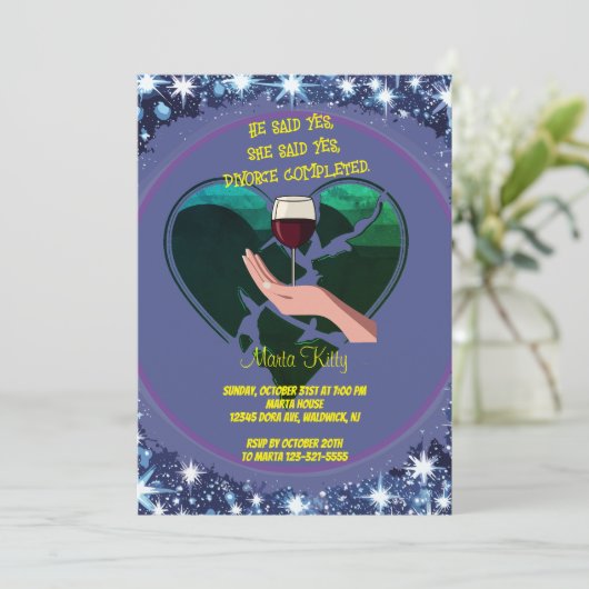 Hand met glas, echtscheiding voltooid - echtscheid kaart (Staand voorkant)