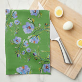 Hand-Painted Blue Flowers on Lovely Green Tea Towe Theedoek (Quarter Fold)
