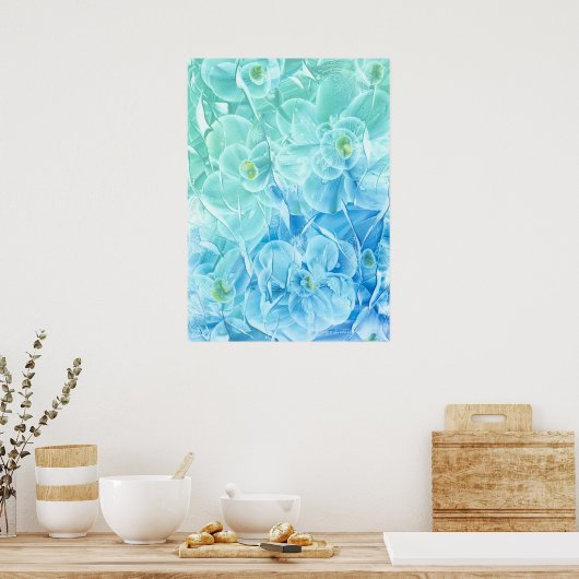 Hand Painted Blue Green Flower Design Poster (Keuken)