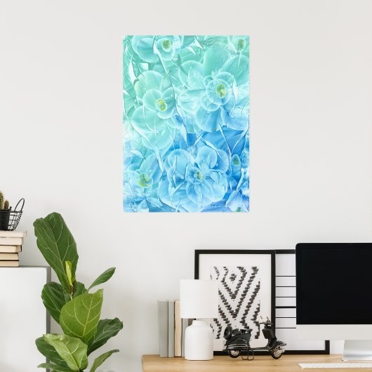 Hand Painted Blue Green Flower Design Poster (Thuiskantoor)