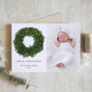 Hand Painted Boxwood Wreath Merry kerstfoto Feestdagen Kaart