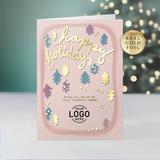 Hand Painted Cute Blush Pink Pine Trees Business Folie Feestdagenkaart