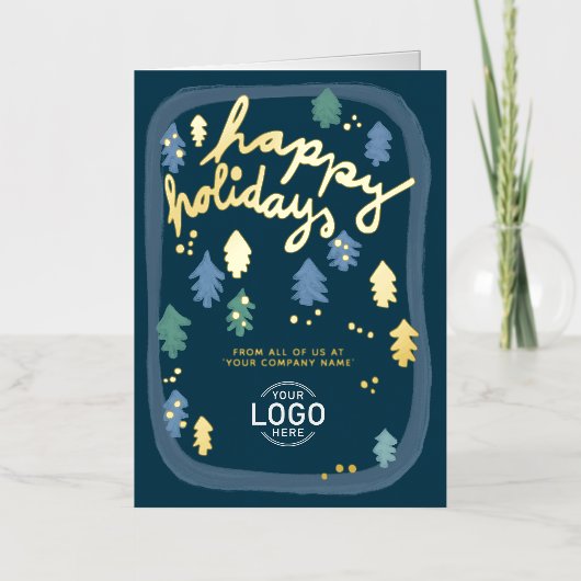 Hand Painted Cute Navy Blue Pine Trees Business Folie Feestdagenkaart (Voorkant)
