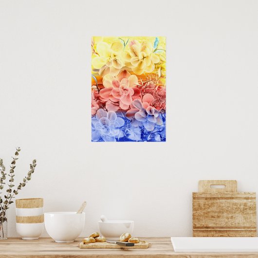 Hand Painted Fantasy Floral Art - Yellow Red Blue  Poster (Keuken)