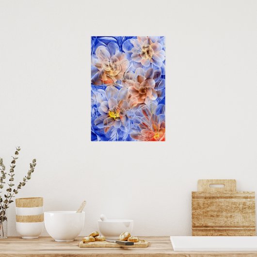 Hand Painted Floral Fantasy - Blue and Peach Bloom Poster (Keuken)