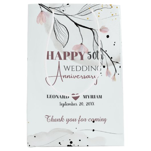 Hand Painted Floral Wedding Jubileum Dank u Medium Cadeauzakje (Voorkant)