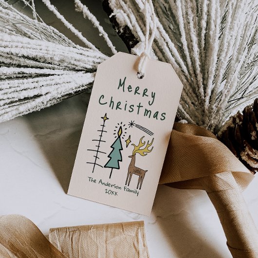 Hand Painted  Green Christmas Trees Reindeer Cadeaulabel