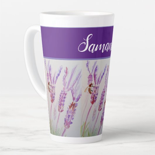 Hand Painted Lavender Flower Waterverf Birthday Latte Mok (Linkerhoek)