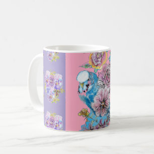 Hand Painted Paars Blue Budgie floral Mok
