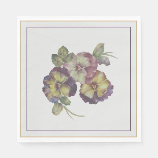 Hand-Painted Pansy Luncheon Napkins — Plum & Gold  Servet (Voorkant)