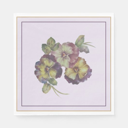 Hand-Painted Pansy Luncheon Napkins — Plum & Gold  Servet (Voorkant)